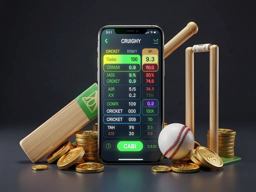 Q8800 modern cricket betting visual featuring a smartphone with glowing cricket odds interface surrounded by a cricket bat, ball, wickets, and golden coins in a premium 3D illustration