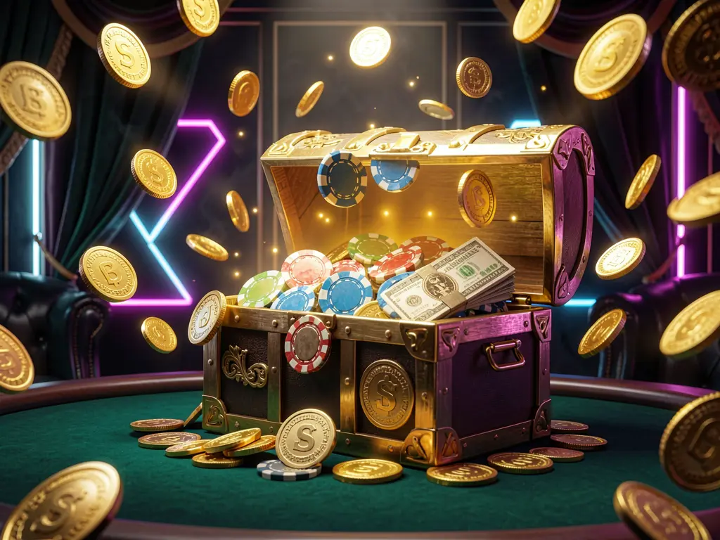 Q8800 premium online casino bonus banner featuring golden coins flying in the air and a glowing treasure chest filled with chips and cash against a luxury dark background with neon accents, creating an elegant and festive casino atmosphere