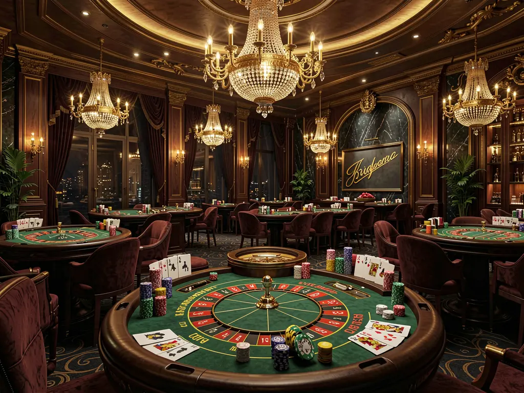 High-end casino lobby featuring golden lights, roulette tables, chips, and cards with elegant premium design and dark cinematic background, showcasing Q8800's ultra detailed 3D render