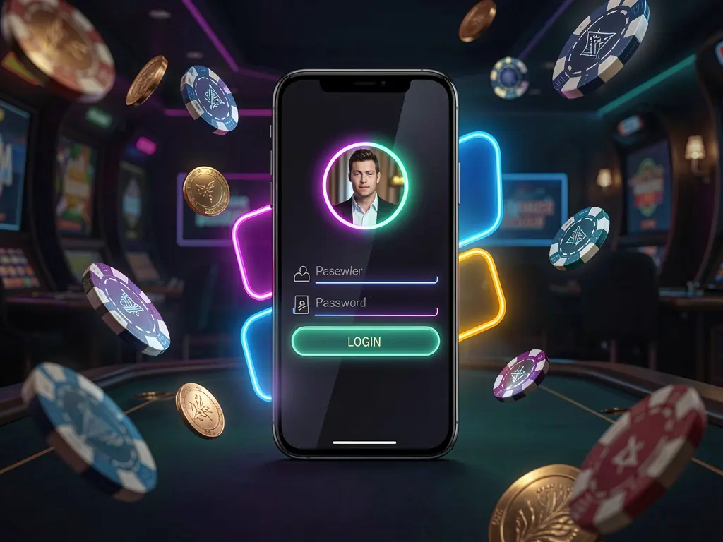 Q8800 mobile casino login screen with abstract UI shapes for user profile and password fields, neon glow effects, flying chips and coins, set in a dark premium casino atmosphere
