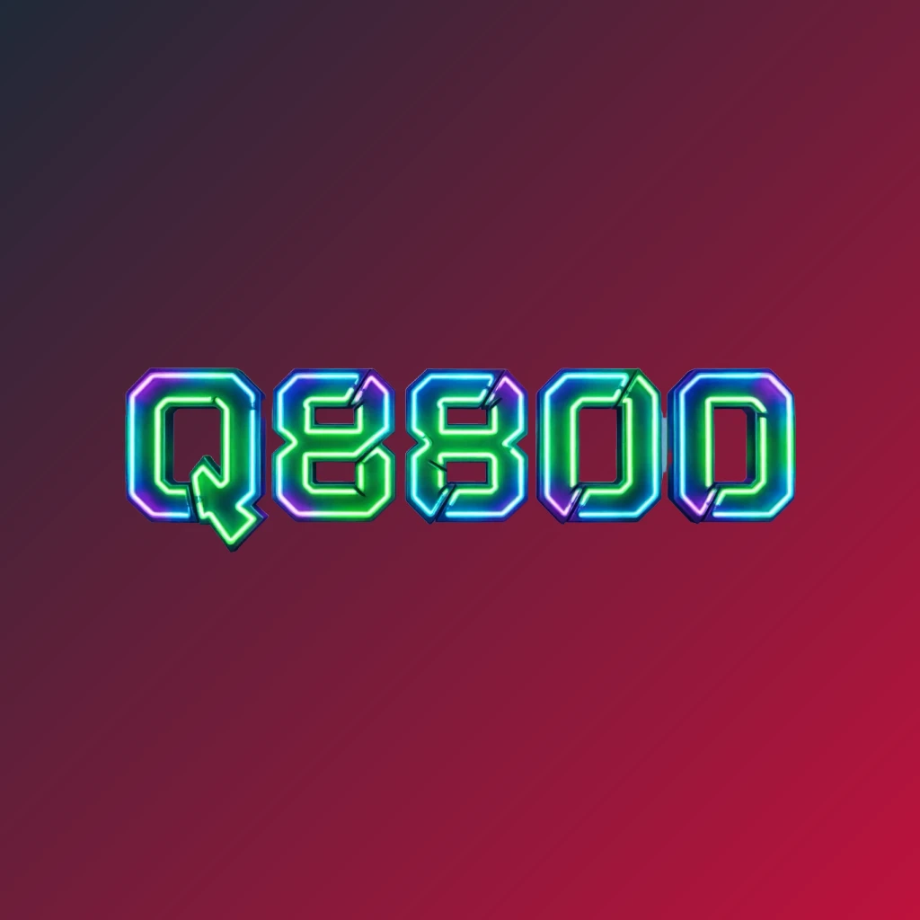 Futuristic neon Q8800 logo with thick angular typography and vivid green, blue, and purple glow, featuring sharp tech-inspired details on a transparent background in a wide horizontal rectangular wordmark style